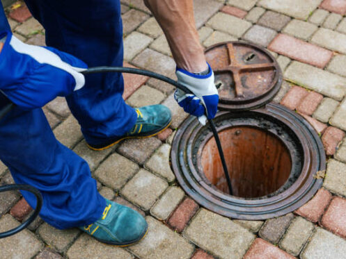 sewer cleaning service - worker clean a clogged drainage with hydro jetting